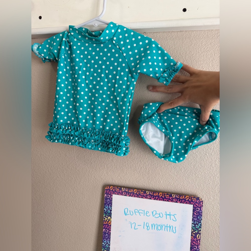 Ruffle Butts Teal Polka Dot Swim Set